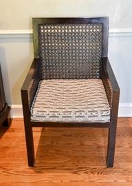 6 Dark Wood Dining Chairs with Rattan Backs and Seat Cushions (2 Captain's Chairs & 4 Side Chairs)