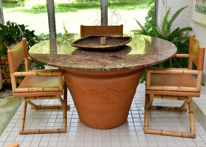 Unique Dining or Card Table with Terra Cotta Planter Base & Granite Top