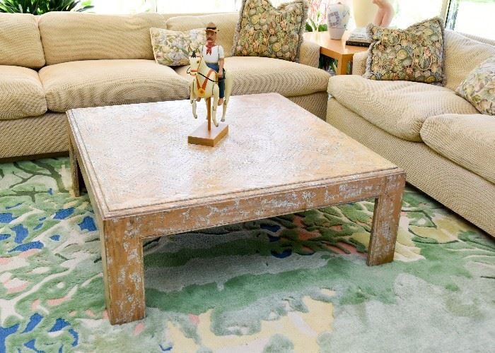 BUY IT NOW! Lot #119, Contemporary Distressed Wood Coffee / Cocktail Table (Approx. 48" Square x 18" H), $300 