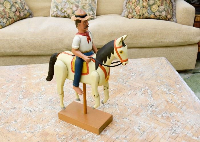 Wood Folk Art Sculpture (Cowboy on Horse) by C. Jimenez