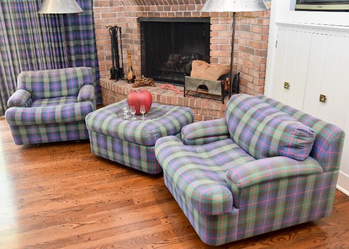 Pair of 2 Club Chairs & Ottoman with Plaid Upholstery