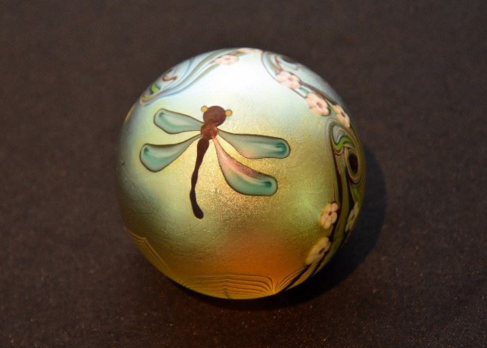 Art Glass Paperweight with Dragonfly
