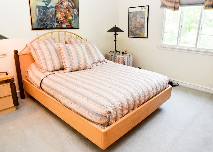 BUY IT NOW! Lot #127, Contemporary Queen Size Bed (Light Wood with Darker Wood Accents), $500