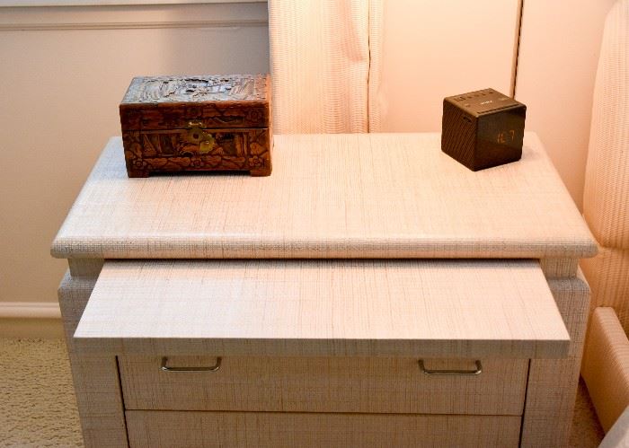 BUY IT NOW! Lot #124, Pair of Contemporary Raffia Nightstands (Each approx. 32" L x 16" W x 26" H), $800
