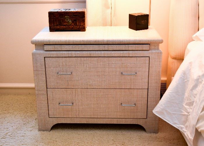 BUY IT NOW! Lot #124, Pair of Contemporary Raffia Nightstands (Each approx. 32" L x 16" W x 26" H), $800