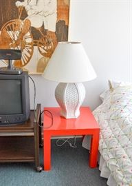 Small Red End Table & White Wicker Lamp