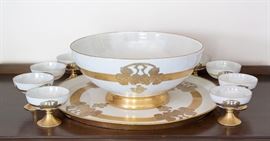 1917 Arts & Crafts Porcelain Punch Bowl Set w/8 Cups (1 cup as is) 450.00