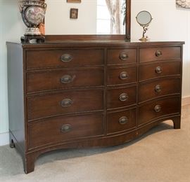 1930's Kindell Serpentine Front 12-Drawer Mahogany Dresser w/Glass Top & Original Brasses 525.00
