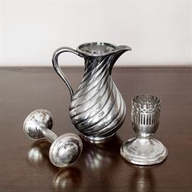 Silver Plate Rattle 6.00, Silver Plate Creamer 15.00, Silver Plate Candlestick Holder 4.50
