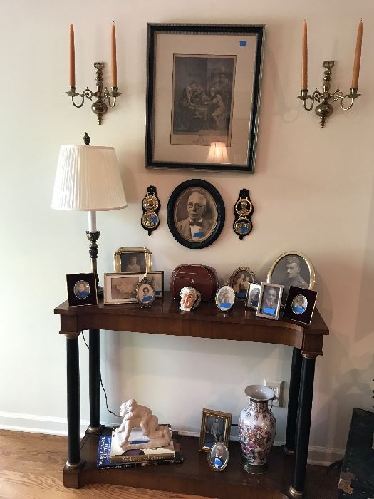 Drexel console table and antique photos