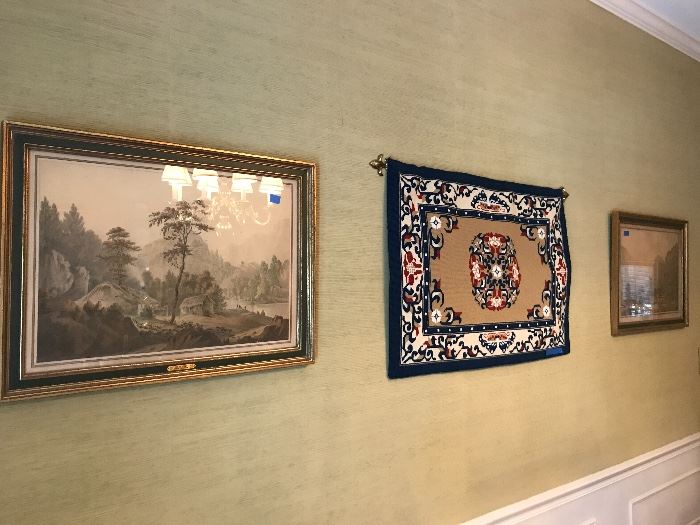 Framed pastoral prints and beautiful needlepoint tapestry