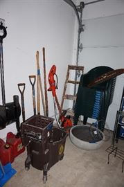 outdoor tools, racks, shovels, mop bucket