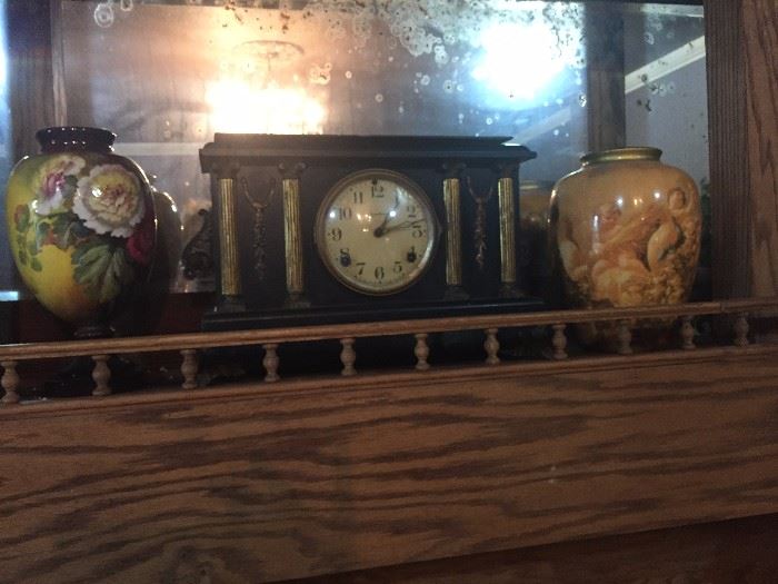 beautiful mantle clock and two gorgeous pieces of early hand painted porcelain