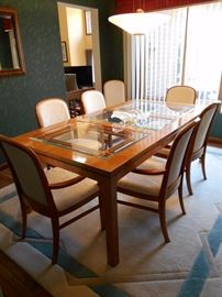 Hickory White Company Dining Table W/ 8-Upholstered chairs-Table has 2 Leafs & Custom Table Pad