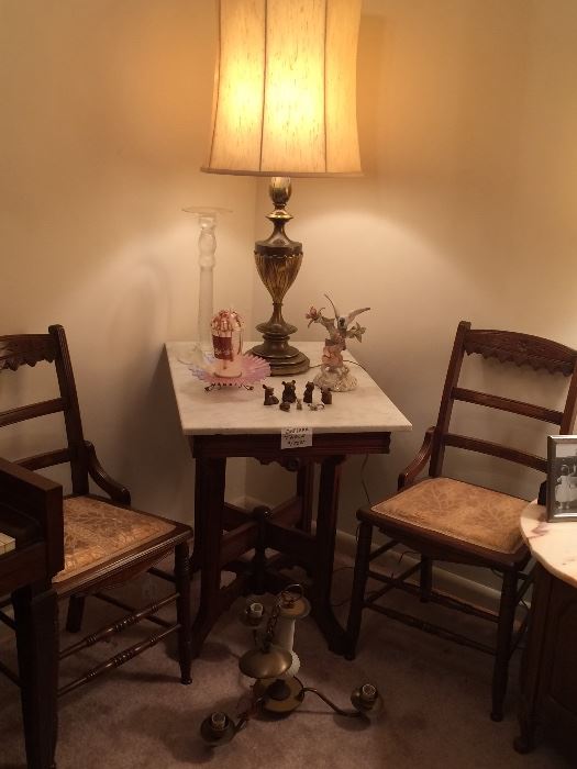 Eastlake Chairs, Victorian Marble Top Lamp Table