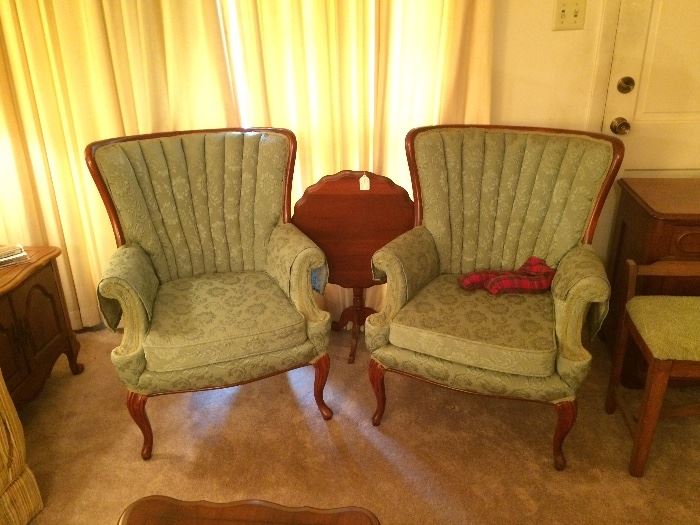Green Upholstered Victorian Style Chairs, Walnut Tilt Top Table