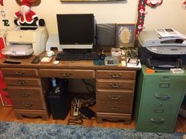 Vintage Desk, Dell Computer, Laser Printer, HP Printer, Office Supplies