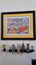 Paul Brent Lobster New England Framed Print & Multiple Wood Hand Carved Fishing Animals