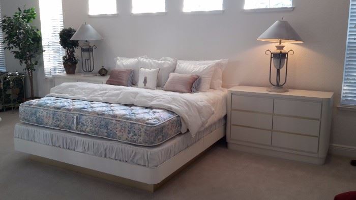 White with Gold Accent California King Platform Bed with lighting underneath, Two Six Drawer Side Tables