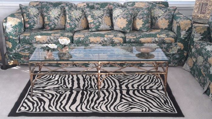 Vintage Queen Sleeper Sofa with Slip Covers, Faux Bamboo Metal Coffee Table with Glass, Zebra Rug