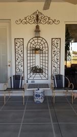 Outside Metal Wall Decor, Navy and Beige Vinyl Strap Metal Chairs, Tile Table Top with Ceramic Base