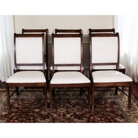 Broyhill "Mason Lenoir" Dining Chair Set: A set of six Broyhill Mason Lenoir dining chairs. These side chairs feature dark stained wooden frames, which are slightly curved to the top as well as to the gently tapered and curved feet, with round stretcher bars between. The chairs are upholstered in a light champagne colored fabric bearing a repeating diamond pattern throughout. This piece matches items 17COL054-003, 17COL054-005, 17COL054-006 in this sale.