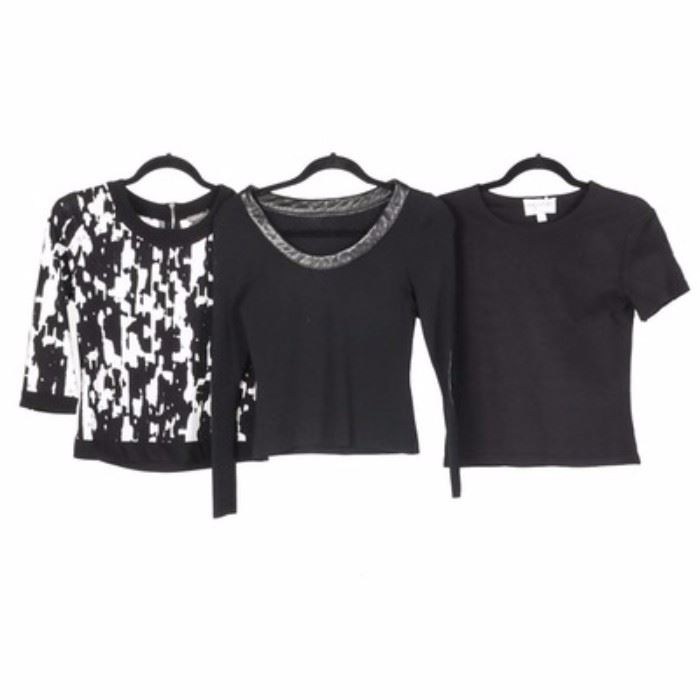 Women's Knit Tops Including Emanuel Ungaro: A group of women’s knit tops including Emanuel Ungaro. The three tops in black tones include a short sleeve scoop neck tee shirt from Emanuel Ungaro, and a long sleeve scoop neck with leather trim from Osimo, Italy. The Vince Camuto black and white abstract print top, with back zipper closure, features black trim on the scoop neck, three quarter sleeves, and bottom hem.