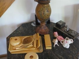 Celluloid items - and Victorian marble top pedestal table 