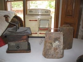 Coffee grinder - child's stove - 2 cow bells