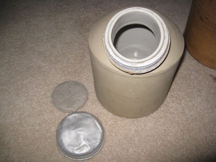 Vintage crock thermos with 2 lids