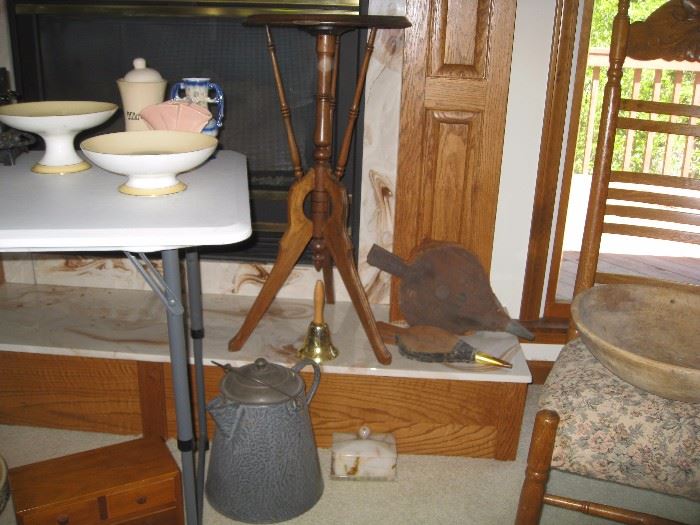 3-legged vintage round top table - metal coffee pot - bellows