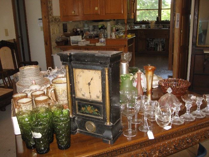 Vintage clock and Francoma pitcher/glasses