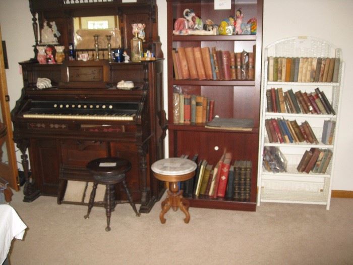 Large organ - piano stool - small marble top table, vintage books