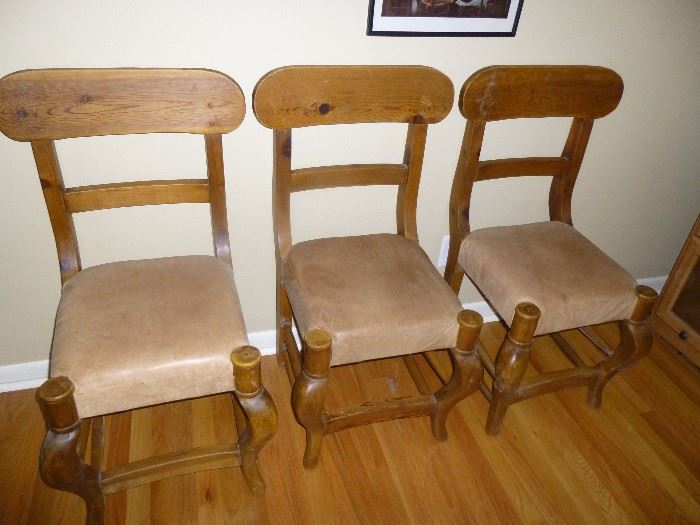 3 BEAUTIFUL RUSTIC WOOD AND LEATHER CHAIRS (THERE ARE 4 BUT 1 IS IN NEED OF SOME REPAIR)