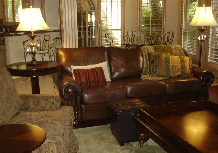 Leather sofa, end table, nice lamps