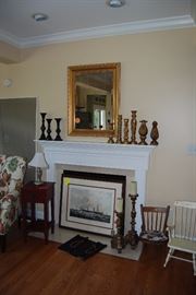 Assorted Candlesticks, Mirror amd Shabby Red Side Table