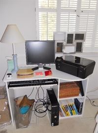 Computer desk with shelving, Dell computer (hard drive removed) and an HP printer