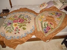 Partially completed hooked rug canvases