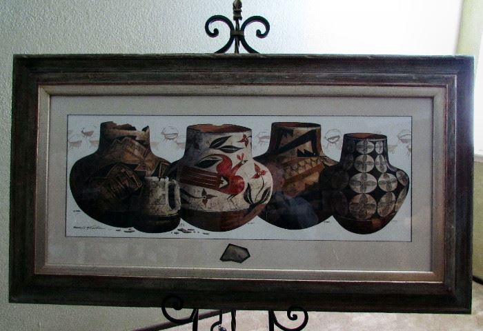 Michael McCullough - "Timeless" a watercolor rendition of pots that track the different Native American Nations in the New Mexico area. At the bottom is a shard from one of the excavated pots. 