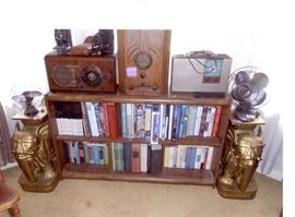 Reese Sale 2 vintage fans, 2 old cameras, 3 vintage wooden radios, bookcase, elephant side tables