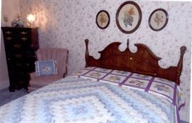 Reese Sale Ethan Allen queen bed, 2 quilts, Basset Highboy, pink barrel chair
