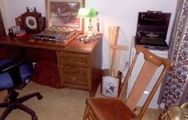 Reese Sale desk chair, vintage Corona typewriter, chess set