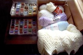 Reese Sale 3 boxes full of embroidery thread, box of yarn crocheted items