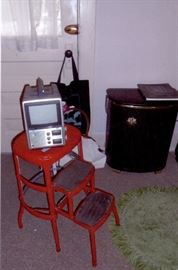 Reese Sale red Costco step stool, battery powered TV, AMFM radio