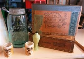 Cigar boxes, Aqua Mason jar, vintage skeleton toothpick holders