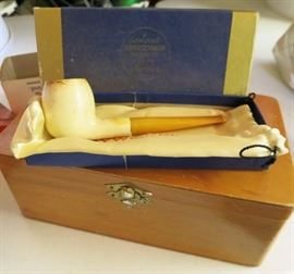 Antique pipe, vintage wooden box