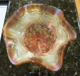 Marigold Carnival glass compote