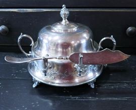 Silver plate butter dish w/ knife
