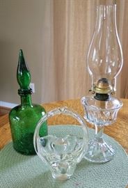 Crackle glass decanter, glass basket, kerosene lamp (one of several)