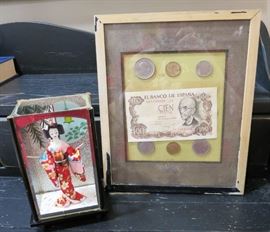 Cased Japanese doll, Spanish money